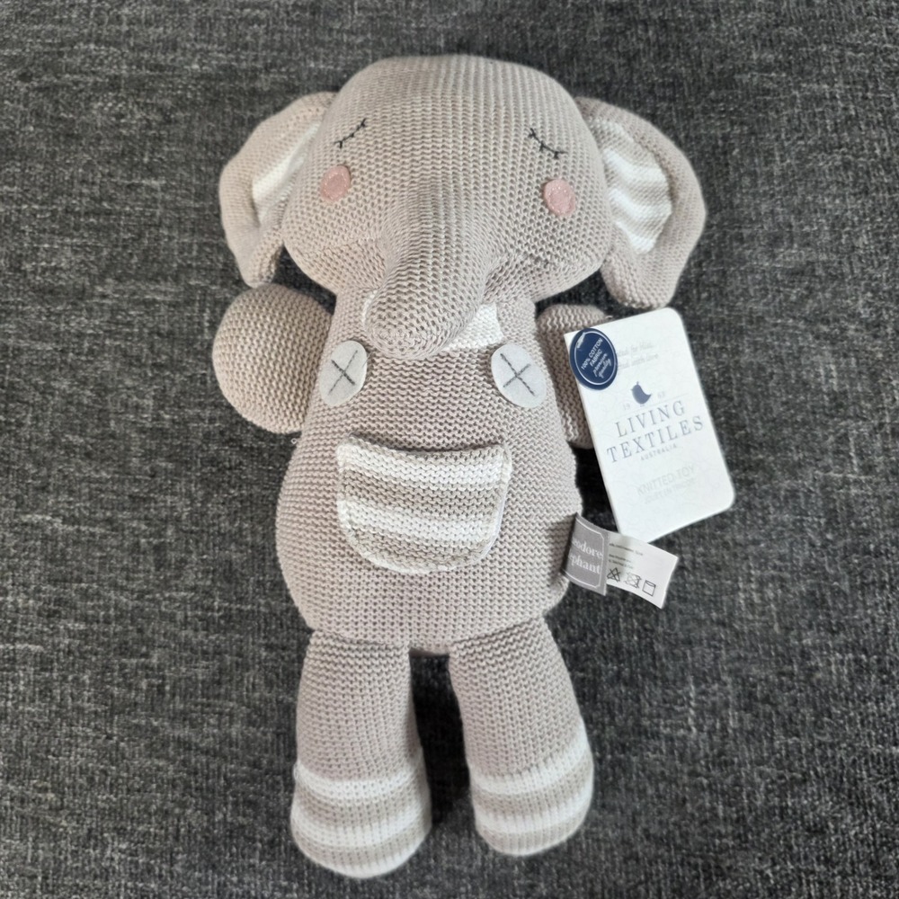 Living Textiles Grey Theodore Elephant Knitted Cotton Plush Toy 223051 14 Inch